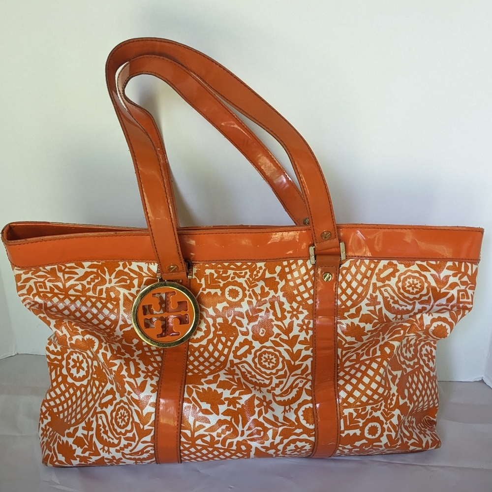 Tory Burch large Jane tote toy orange bird print